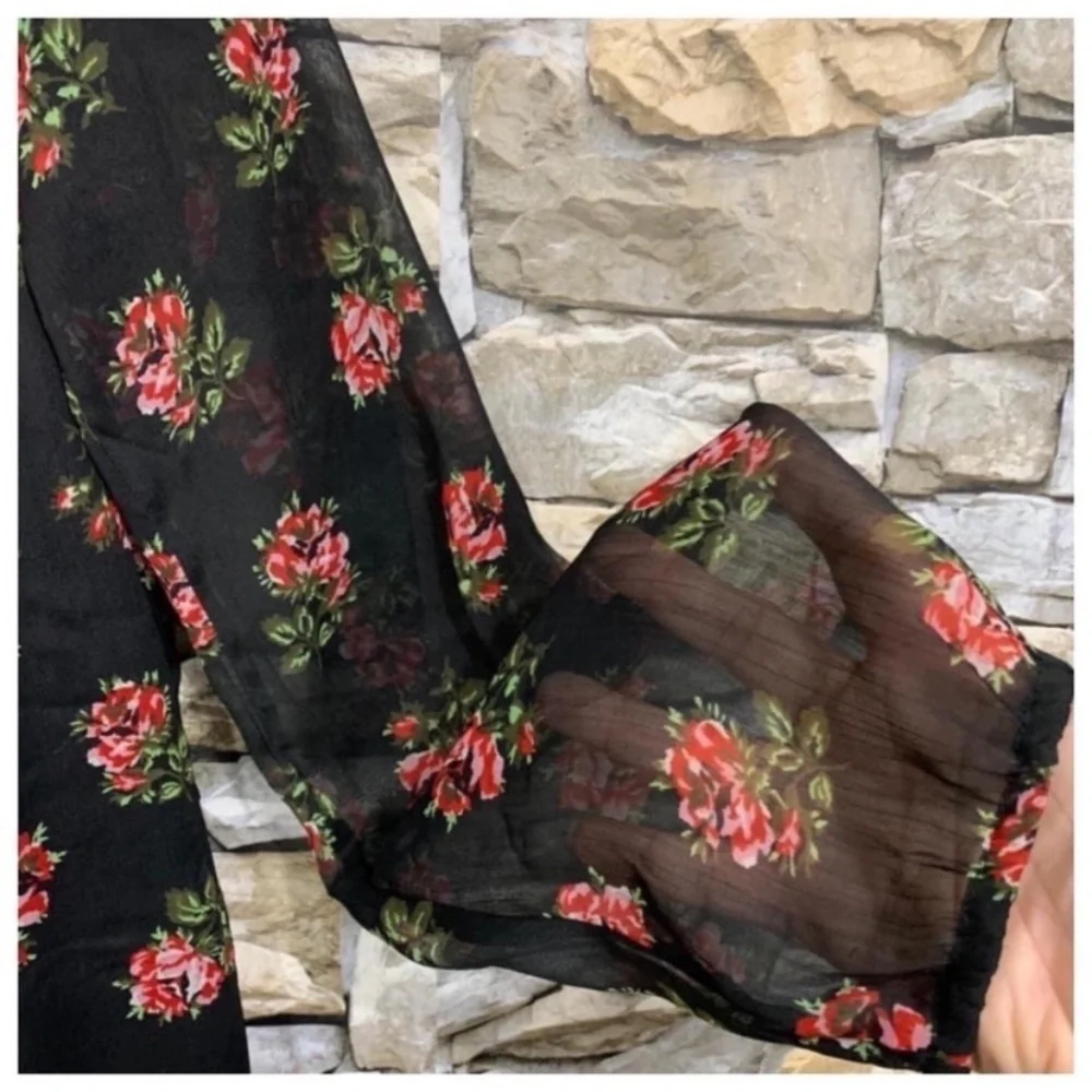 NWT Gap Kids Boho Sheer Long Sleeve Ruffle Black Floral Shift Swing Dress XXL